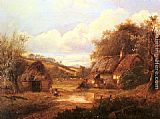 Cottage Canvas Paintings - Landscape with figures outside a thatched cottage